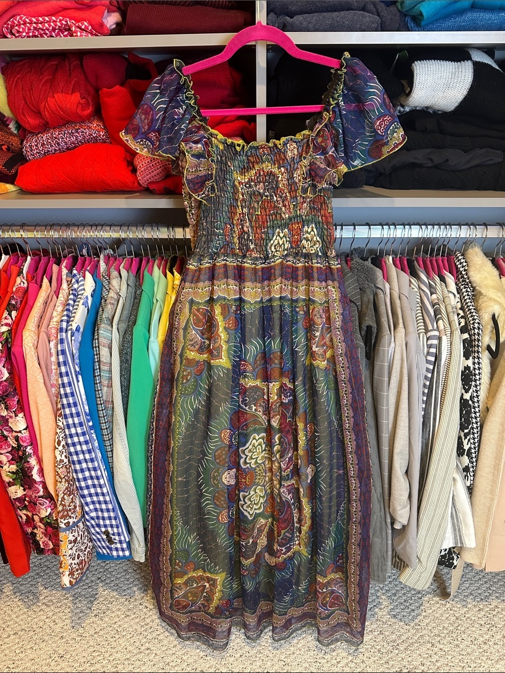 Magic blue/purple print flutter short sleeve smocked lined maxi dress size S